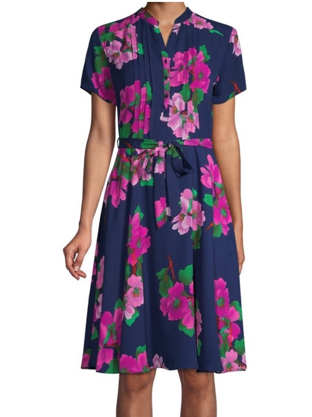 Nanette Lepore Floral Shirtdress Midi Navy Fuchsia Pink Pleated Front Size 6 - Picture 10 of 10